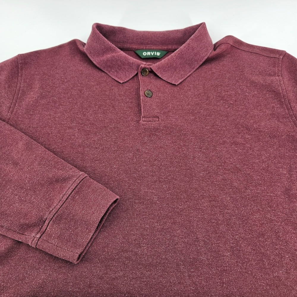 Orvis Men's XL Burgundy Heather Cotton Blend Long Sleeve Polo Shirt Pullover